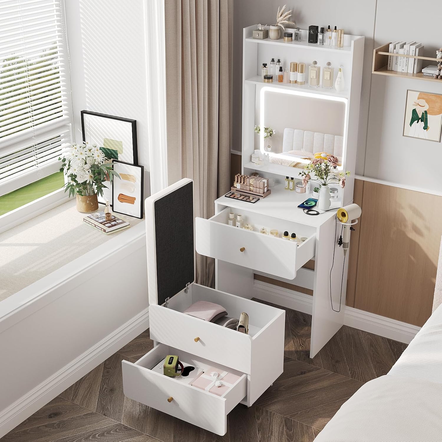 Desk Setup Bedroom - طاولة تجميل مع مرآة وإضاءة، طاولة