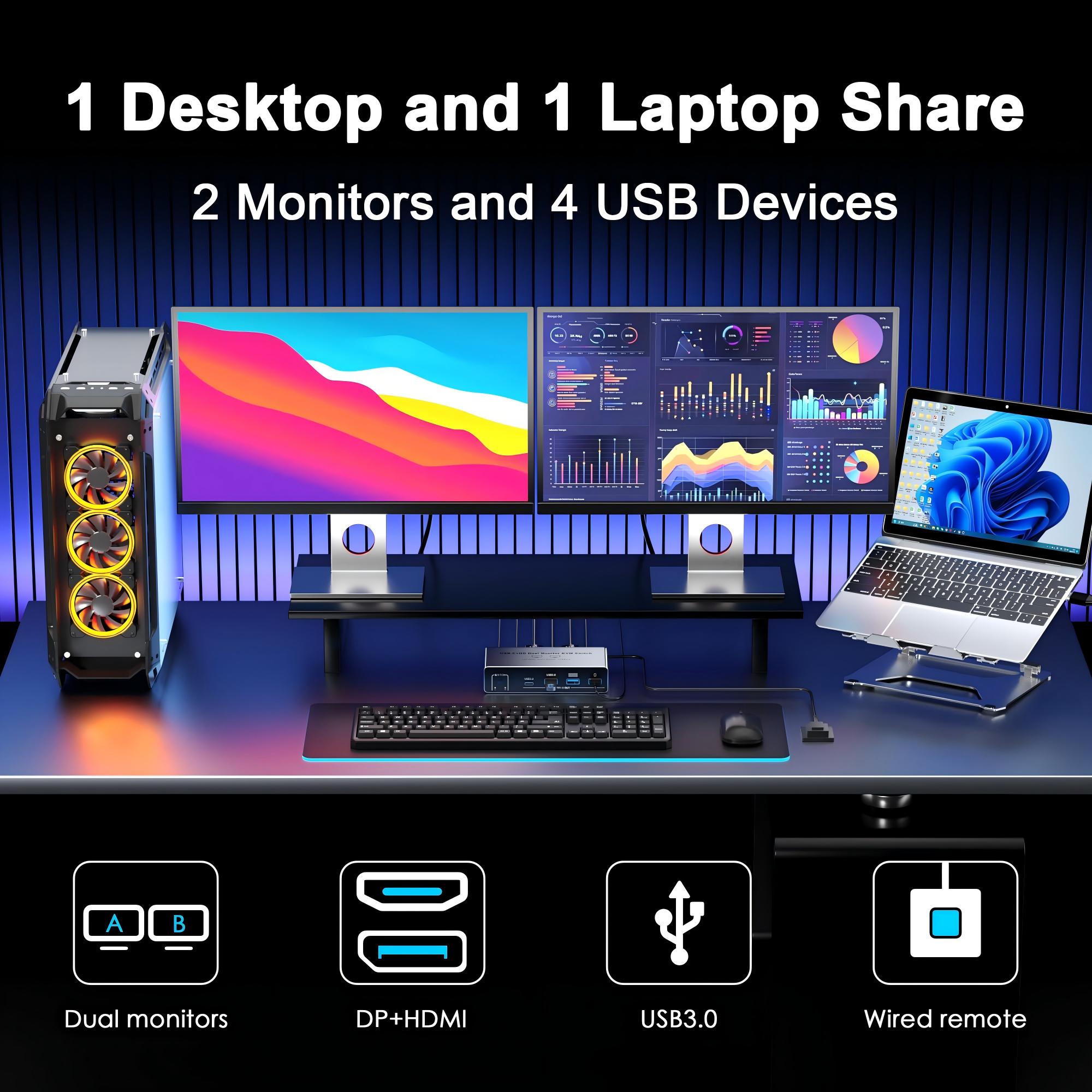 محول KVM من HDM DP لشاشتين وكم - مراجعة Dual Monitor Desk Setup وسعره